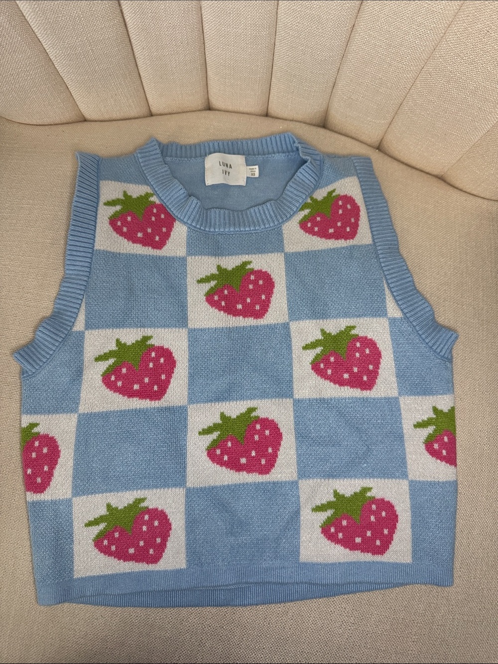 AS IS** Luna Ivy XS cropped knit checkerboard strawberry sweater vest blue pink